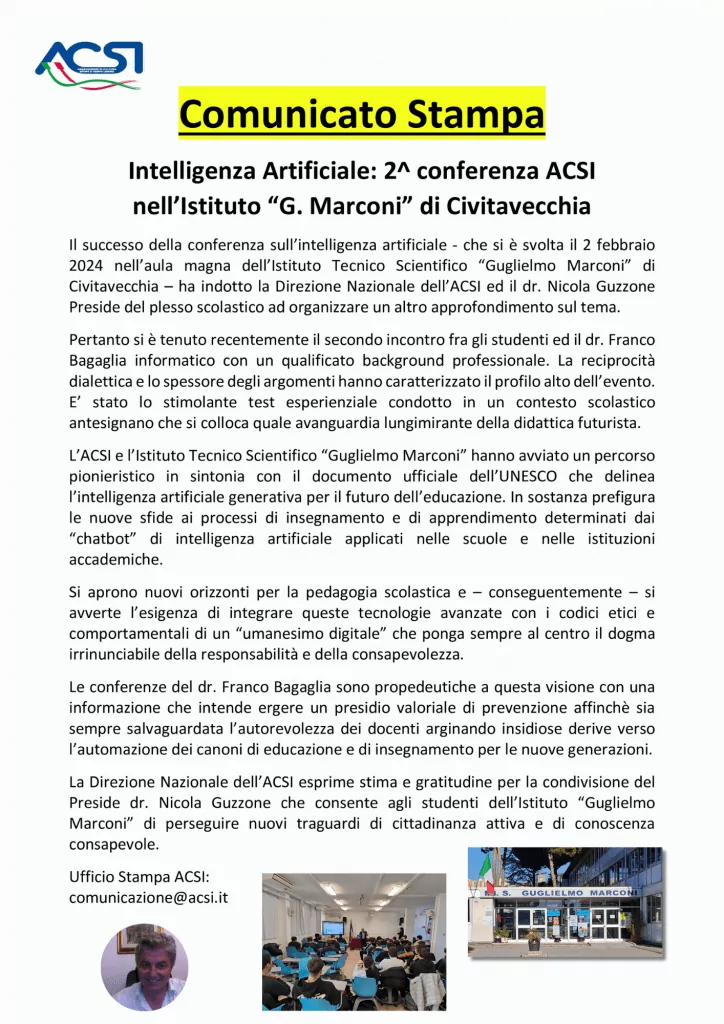 ACSI Format AI: L’intelligenza artificiale al centro della seconda conferenza all’ITIS Marconi di Civitavecchia 2 iis marconi acsi franco bagaglia