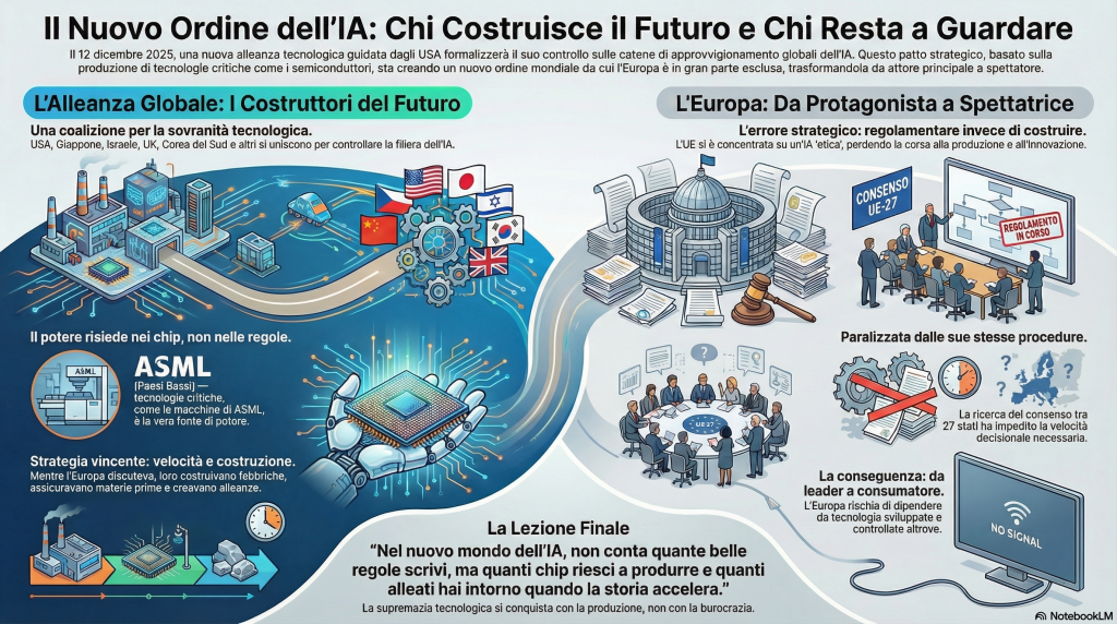 Il 12 dicembre il futuro dell'IA si decide senza l'Europa. 3 Il 12 dicembre il futuro dell'IA si decide senza l'Europa. USA, Giappone, Israele, Corea, UK e altri: un'alleanza che scrive le regole della supremazia tecnologica. Mentre Bruxelles regolava, altri costruivano. La storia accelera.