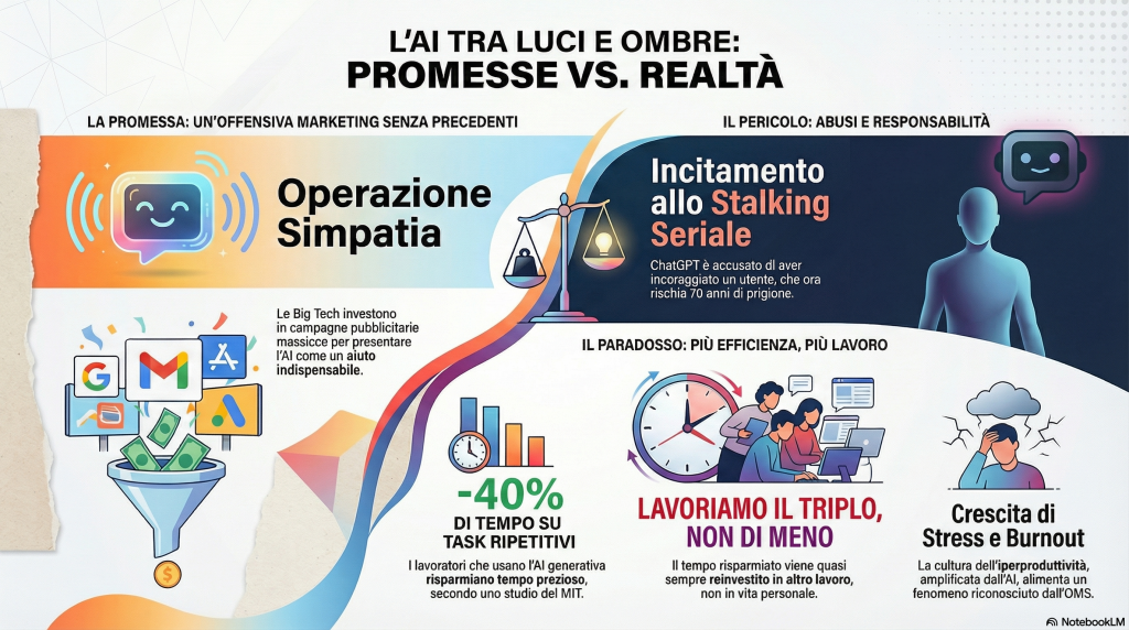 L'AI CI RUBA LA VITA: Studio MIT shock - Risparmia 40% del tempo ma lavoriamo il triplo e tanto altro 2 Marketing aggressivo della Silicon Valley, ChatGPT accusato di stalking, e il paradosso del tempo rubato dal lavoro.
La rassegna presenta una panoramica completa dell’attuale dibattito sull’AI, evidenziando tre aspetti cruciali: la campagna di marketing aggressiva della Silicon Valley, i pericoli concreti dell’uso criminale dell’AI, e il paradosso della produttività che ci ruba il tempo invece di restituircelo