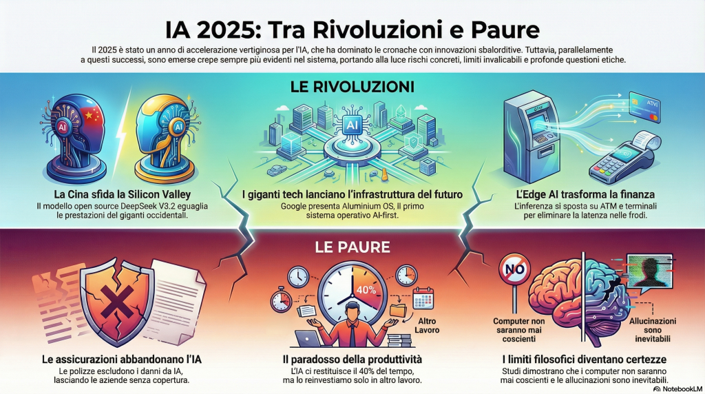 AI BREAKING NEWS
L’INTELLIGENZA ARTIFICIALE CHIUDE IL 2025:
TRA RIVOLUZIONI E PAURE
Il bilancio di fine anno rivela un settore in accelerazione vertiginosa, ma con crepe sempre più evidenti
Il 2025 si chiude con l’intelligenza artificiale che domina le cronache tecnologiche, ma non solo per celebrazioni trionfalistiche. Gli ultimi giorni di dicembre hanno condensato in una manciata di ore tutto il paradosso di questa tecnologia: innovazioni stupefacenti da una parte, rischi concreti e inquietudini filosofiche dall’altra.