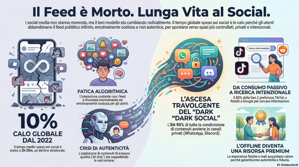  il tempo globale passato sui social sta calando. Non di poco. Circa il 10% dal 2022. E non è una fluttuazione temporanea.