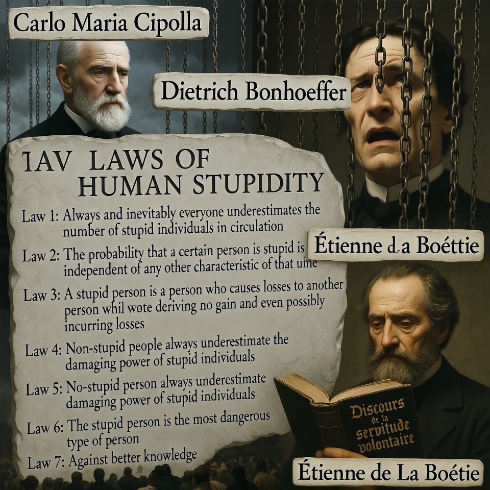 Un collage artistico che mette insieme tre figure storiche: Carlo Maria Cipolla con le sue sette leggi granitiche sulla stupidità umana scritte in grandi lettere incise nella pietra, Dietrich Bonhoeffer con un'espressione intensa e tormentata mentre espone la sua teoria della stupidità come possessione collettiva demoniaca, ed Étienne de La Boétie con un libro aperto che mostra il titolo 'Discours de la servitude volontaire', tutti e tre ritratti in uno stile realista con elementi simbolici di stupidità collettiva, catene invisibili e folle sottomesse sullo sfondo, composizione in collage con cornici sovrapposte e testi chiave in evidenza