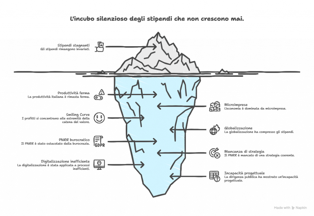 L'incubo silenzioso degli stipendi che non crescono mai
Fermati un istante e guardati intorno con onestà: il costo delle case, degli affitti, della spesa alimentare, delle bollette, tutto lievita con una costanza quasi spietata, eppure la cifra che trovi stampata in busta paga a fine mese resta sostanzialmente la stessa, congelata, immobile, come se il tempo si fosse fermato solo per il tuo conto in banca mentre il resto del mondo andava avanti. 
Se qualcuno ti dicesse che i giovani italiani nel 2025 rischiano concretamente di essere più poveri dei propri nonni, la tua prima reazione sarebbe forse quella di pensare a un'esagerazione, a una provocazione giornalistica, eppure è la pura e documentata realtà, una realtà che i numeri raccontano senza possibilità di smentita: negli ultimi trent'anni, mentre in Olanda, in Francia e in Germania gli stipendi crescevano mediamente del trenta per cento, in Italia sono addirittura scesi del 2,9%, e dal 2008 a oggi il potere d'acquisto reale, cioè quello che puoi effettivamente comprare con il tuo salario al netto dell'inflazione, è crollato di quasi il nove per cento.
Ora, se non conosci i meccanismi economici globali che stanno dietro a questi numeri, la tentazione naturale è quella di dare la colpa all'inflazione generica o al politico di turno, e in parte queste responsabilità esistono, ma la verità profonda, quella che emerge soltanto quando ti prendi la briga di studiare le dinamiche internazionali e la struttura del nostro tessuto produttivo, racconta una storia molto più articolata e per certi versi più inquietante. 
L'Italia è vittima di una produttività che è rimasta sostanzialmente ferma ai livelli degli anni Sessanta e Settanta, un dato che suona incredibile ma che si spiega quando scopri che la nostra economia è composta per il novantacinque per cento da microimprese con meno di dieci dipendenti, realtà che per loro stessa natura faticano enormemente a generare quel valore aggiunto elevato che le grandi aziende riescono invece a produrre grazie alle economie di scala, agli investimenti in ricerca e alla capacità di posizionarsi sui mercati globali.
E qui entra in gioco un concetto economico che dovresti assolutamente conoscere per capire davvero cosa sta succedendo al tuo stipendio e al futuro professionale tuo e dei tuoi figli: si chiama Smiling Curve, la curva che sorride, ed è una teoria che dimostra con chiarezza disarmante che i veri profitti nella catena del valore globale si concentrano alle due estremità, cioè all'inizio della filiera, dove si fa ricerca, si progetta, si innova e si crea proprietà intellettuale, e alla fine, dove si costruiscono i brand, si fa marketing e si gestisce la relazione con il cliente finale, mentre nel mezzo, nella fascia della pura produzione manifatturiera, i margini sono sottilissimi, quasi inesistenti, perché chiunque nel mondo può assemblare un prodotto, ma non chiunque può inventarlo o renderlo desiderabile. 
E indovina un po' dove si è posizionata gran parte del sistema produttivo italiano? Esattamente nel punto più basso e più ingrato di quella curva, nella zona dove si fatica tantissimo e si guadagna pochissimo.
Quando la globalizzazione ha spalancato le porte del mercato mondiale a giganti demografici come la Cina, l'India e il Vietnam, paesi capaci di produrre le stesse cose a costi infinitamente più bassi grazie a manodopera abbondante e regolamentazioni meno stringenti, le nostre aziende si sono trovate davanti a un bivio cruciale: potevano scegliere di investire massicciamente in tecnologia, in ricerca, in macchinari innovativi e in formazione del personale per risalire lungo quella curva e competere sull'eccellenza, oppure potevano percorrere la scorciatoia più facile e più crudele, quella di abbassare i costi comprimendo gli stipendi dei lavoratori. 
E purtroppo la stragrande maggioranza ha scelto la seconda strada, innescando un circolo vizioso che ci sta strangolando da decenni, perché salari bassi significano meno consumi interni, meno consumi frenano la domanda e quindi l'economia nel suo complesso, e un'economia che non cresce distrugge ulteriormente la produttività, alimentando una spirale dalla quale sembra impossibile uscire.
Ed è esattamente per questo che ti esorto con tutto il cuore a studiare l'economia globale, a capire come funzionano le catene del valore internazionali, a comprendere l'impatto che l'ascesa economica dell'Asia ha avuto e continua ad avere sul mercato del lavoro europeo e italiano in particolare, perché solo attraverso questa comprensione puoi smettere di essere una vittima inconsapevole di forze che non riesci nemmeno a nominare e puoi iniziare a capire che il tuo valore oggi non risiede più nelle braccia o nella disponibilità a lavorare tante ore per pochi soldi, ma nel cervello, nelle competenze digitali, nella capacità di adattarti e di reinventarti in un mondo che cambia continuamente le sue regole.
Il PNRR: quando miliardi di euro si perdono nella nebbia della burocrazia senza visione
Il secondo esempio che voglio portarti per dimostrarti quanto sia urgente e necessario che tu inizi a informarti e a comprendere le dinamiche che governano il nostro Paese riguarda la gestione dei fondi del Piano Nazionale di Ripresa e Resilienza, quel famoso PNRR di cui tutti hanno sentito parlare ma che pochi hanno davvero cercato di capire nella sua sostanza e nelle ragioni profonde del suo parziale fallimento. 
Questo piano ha mobilitato una quantità impressionante di miliardi di euro, risorse che l'Europa ci ha messo a disposizione con la promessa e l'aspettativa che servissero a modernizzare l'Italia, a colmare i ritardi strutturali accumulati in decenni di immobilismo, a costruire le fondamenta di un Paese finalmente al passo con i tempi, eppure ci stiamo avvicinando alla chiusura di questo ciclo senza che si sia prodotta quella vera discontinuità, quel salto di qualità che tutti speravano e che il Paese disperatamente necessitava.
Se ti prendi la briga di approfondire le dinamiche della pubblica amministrazione italiana e il modo in cui questi fondi sono stati programmati, distribuiti e spesi, scoprirai che il problema di fondo non è stato tanto la mancanza di denaro, che anzi era abbondante come mai prima, quanto piuttosto l'assenza totale di una vera strategia e di una visione coerente per il futuro. 
Questo perché abbiamo trattato l'innovazione come se fosse una mera pratica burocratica da evadere, un modulo da compilare, una scadenza da rispettare, frammentando le risorse a pioggia su migliaia di micro-progetti senza la capacità di concentrare gli sforzi su quelle trasformazioni strutturali che avrebbero potuto incidere realmente sul domani delle giovani generazioni. 
La regola d'oro dell'innovazione pubblica, peraltro sancita con chiarezza dall'articolo 15 del Codice dell'amministrazione digitale, dice una cosa semplicissima e al tempo stesso rivoluzionaria nella sua ovvietà: prima si semplificano e si riorganizzano i processi, poi si digitalizzano, perché digitalizzare un processo inefficiente e farraginoso non significa modernizzarlo, significa solo rendere più veloce e più costoso il caos.
E invece noi abbiamo fatto esattamente il contrario, spendendo miliardi nel tentativo di calare tecnologie nuove su procedure vecchie, complesse e pensate per un mondo che non esiste più, imponendo le norme dall'alto senza mai coinvolgere davvero chi quei servizi deve usarli ogni giorno, senza ascoltare i cittadini, senza ripensare i flussi di lavoro, senza formare adeguatamente il personale che avrebbe dovuto guidare questa trasformazione.
Quello che è emerso con drammatica evidenza è stata un'incapacità progettuale diffusa da parte della dirigenza pubblica, un deficit fatale nella formazione e nella motivazione del personale, e soprattutto l'assenza di una cultura della progettazione, della trasparenza e dell'organizzazione sistemica che avrebbe dovuto essere il prerequisito fondamentale prima ancora di spendere un solo euro. 
E il risultato è che abbiamo accumulato debiti enormi, debiti che graveranno sulle spalle delle prossime generazioni, senza aver costruito quegli ecosistemi digitali sostenibili e quelle infrastrutture di conoscenza che avrebbero potuto cambiare davvero il volto del Paese.
