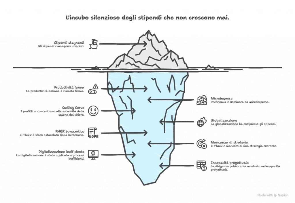 L'incubo silenzioso degli stipendi che non crescono mai
Fermati un istante e guardati intorno con onestà: il costo delle case, degli affitti, della spesa alimentare, delle bollette, tutto lievita con una costanza quasi spietata, eppure la cifra che trovi stampata in busta paga a fine mese resta sostanzialmente la stessa, congelata, immobile, come se il tempo si fosse fermato solo per il tuo conto in banca mentre il resto del mondo andava avanti. 
Se qualcuno ti dicesse che i giovani italiani nel 2025 rischiano concretamente di essere più poveri dei propri nonni, la tua prima reazione sarebbe forse quella di pensare a un'esagerazione, a una provocazione giornalistica, eppure è la pura e documentata realtà, una realtà che i numeri raccontano senza possibilità di smentita: negli ultimi trent'anni, mentre in Olanda, in Francia e in Germania gli stipendi crescevano mediamente del trenta per cento, in Italia sono addirittura scesi del 2,9%, e dal 2008 a oggi il potere d'acquisto reale, cioè quello che puoi effettivamente comprare con il tuo salario al netto dell'inflazione, è crollato di quasi il nove per cento.
Ora, se non conosci i meccanismi economici globali che stanno dietro a questi numeri, la tentazione naturale è quella di dare la colpa all'inflazione generica o al politico di turno, e in parte queste responsabilità esistono, ma la verità profonda, quella che emerge soltanto quando ti prendi la briga di studiare le dinamiche internazionali e la struttura del nostro tessuto produttivo, racconta una storia molto più articolata e per certi versi più inquietante. 
L'Italia è vittima di una produttività che è rimasta sostanzialmente ferma ai livelli degli anni Sessanta e Settanta, un dato che suona incredibile ma che si spiega quando scopri che la nostra economia è composta per il novantacinque per cento da microimprese con meno di dieci dipendenti, realtà che per loro stessa natura faticano enormemente a generare quel valore aggiunto elevato che le grandi aziende riescono invece a produrre grazie alle economie di scala, agli investimenti in ricerca e alla capacità di posizionarsi sui mercati globali.
E qui entra in gioco un concetto economico che dovresti assolutamente conoscere per capire davvero cosa sta succedendo al tuo stipendio e al futuro professionale tuo e dei tuoi figli: si chiama Smiling Curve, la curva che sorride, ed è una teoria che dimostra con chiarezza disarmante che i veri profitti nella catena del valore globale si concentrano alle due estremità, cioè all'inizio della filiera, dove si fa ricerca, si progetta, si innova e si crea proprietà intellettuale, e alla fine, dove si costruiscono i brand, si fa marketing e si gestisce la relazione con il cliente finale, mentre nel mezzo, nella fascia della pura produzione manifatturiera, i margini sono sottilissimi, quasi inesistenti, perché chiunque nel mondo può assemblare un prodotto, ma non chiunque può inventarlo o renderlo desiderabile. 
E indovina un po' dove si è posizionata gran parte del sistema produttivo italiano? Esattamente nel punto più basso e più ingrato di quella curva, nella zona dove si fatica tantissimo e si guadagna pochissimo.
Quando la globalizzazione ha spalancato le porte del mercato mondiale a giganti demografici come la Cina, l'India e il Vietnam, paesi capaci di produrre le stesse cose a costi infinitamente più bassi grazie a manodopera abbondante e regolamentazioni meno stringenti, le nostre aziende si sono trovate davanti a un bivio cruciale: potevano scegliere di investire massicciamente in tecnologia, in ricerca, in macchinari innovativi e in formazione del personale per risalire lungo quella curva e competere sull'eccellenza, oppure potevano percorrere la scorciatoia più facile e più crudele, quella di abbassare i costi comprimendo gli stipendi dei lavoratori. 
E purtroppo la stragrande maggioranza ha scelto la seconda strada, innescando un circolo vizioso che ci sta strangolando da decenni, perché salari bassi significano meno consumi interni, meno consumi frenano la domanda e quindi l'economia nel suo complesso, e un'economia che non cresce distrugge ulteriormente la produttività, alimentando una spirale dalla quale sembra impossibile uscire.
Ed è esattamente per questo che ti esorto con tutto il cuore a studiare l'economia globale, a capire come funzionano le catene del valore internazionali, a comprendere l'impatto che l'ascesa economica dell'Asia ha avuto e continua ad avere sul mercato del lavoro europeo e italiano in particolare, perché solo attraverso questa comprensione puoi smettere di essere una vittima inconsapevole di forze che non riesci nemmeno a nominare e puoi iniziare a capire che il tuo valore oggi non risiede più nelle braccia o nella disponibilità a lavorare tante ore per pochi soldi, ma nel cervello, nelle competenze digitali, nella capacità di adattarti e di reinventarti in un mondo che cambia continuamente le sue regole.
Il PNRR: quando miliardi di euro si perdono nella nebbia della burocrazia senza visione
Il secondo esempio che voglio portarti per dimostrarti quanto sia urgente e necessario che tu inizi a informarti e a comprendere le dinamiche che governano il nostro Paese riguarda la gestione dei fondi del Piano Nazionale di Ripresa e Resilienza, quel famoso PNRR di cui tutti hanno sentito parlare ma che pochi hanno davvero cercato di capire nella sua sostanza e nelle ragioni profonde del suo parziale fallimento. 
Questo piano ha mobilitato una quantità impressionante di miliardi di euro, risorse che l'Europa ci ha messo a disposizione con la promessa e l'aspettativa che servissero a modernizzare l'Italia, a colmare i ritardi strutturali accumulati in decenni di immobilismo, a costruire le fondamenta di un Paese finalmente al passo con i tempi, eppure ci stiamo avvicinando alla chiusura di questo ciclo senza che si sia prodotta quella vera discontinuità, quel salto di qualità che tutti speravano e che il Paese disperatamente necessitava.
Se ti prendi la briga di approfondire le dinamiche della pubblica amministrazione italiana e il modo in cui questi fondi sono stati programmati, distribuiti e spesi, scoprirai che il problema di fondo non è stato tanto la mancanza di denaro, che anzi era abbondante come mai prima, quanto piuttosto l'assenza totale di una vera strategia e di una visione coerente per il futuro. 
Questo perché abbiamo trattato l'innovazione come se fosse una mera pratica burocratica da evadere, un modulo da compilare, una scadenza da rispettare, frammentando le risorse a pioggia su migliaia di micro-progetti senza la capacità di concentrare gli sforzi su quelle trasformazioni strutturali che avrebbero potuto incidere realmente sul domani delle giovani generazioni. 
La regola d'oro dell'innovazione pubblica, peraltro sancita con chiarezza dall'articolo 15 del Codice dell'amministrazione digitale, dice una cosa semplicissima e al tempo stesso rivoluzionaria nella sua ovvietà: prima si semplificano e si riorganizzano i processi, poi si digitalizzano, perché digitalizzare un processo inefficiente e farraginoso non significa modernizzarlo, significa solo rendere più veloce e più costoso il caos.
E invece noi abbiamo fatto esattamente il contrario, spendendo miliardi nel tentativo di calare tecnologie nuove su procedure vecchie, complesse e pensate per un mondo che non esiste più, imponendo le norme dall'alto senza mai coinvolgere davvero chi quei servizi deve usarli ogni giorno, senza ascoltare i cittadini, senza ripensare i flussi di lavoro, senza formare adeguatamente il personale che avrebbe dovuto guidare questa trasformazione.
Quello che è emerso con drammatica evidenza è stata un'incapacità progettuale diffusa da parte della dirigenza pubblica, un deficit fatale nella formazione e nella motivazione del personale, e soprattutto l'assenza di una cultura della progettazione, della trasparenza e dell'organizzazione sistemica che avrebbe dovuto essere il prerequisito fondamentale prima ancora di spendere un solo euro. 
E il risultato è che abbiamo accumulato debiti enormi, debiti che graveranno sulle spalle delle prossime generazioni, senza aver costruito quegli ecosistemi digitali sostenibili e quelle infrastrutture di conoscenza che avrebbero potuto cambiare davvero il volto del Paese.