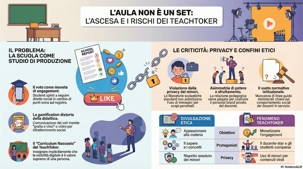 🎬 L’Aula è un Set, il Professore è una Star (e gli Studenti? Comparse, Ovviamente) Ovvero: come trasformare la cattedra in uno studio di produzione, i voti in moneta di engagement e i minori in contenuto virale, il tutto con la massima disinvoltura pedagogica Permettetemi di cominciare con una confessione: quando ho letto per la prima volta della vicenda Schettini, ho avuto un momento di sospensione cognitiva, quella frazione di secondo in cui il cervello si rifiuta di elaborare ciò che ha appena recepito. Perché la notizia, nella sua spudorata semplicità, meritava davvero un momento di silenzio: un professore di fisica con 3,5 milioni di follower su Instagram aveva ammesso, quasi con la fierezza di chi racconta un’impresa sportiva, di aver costretto i propri studenti a collegarsi alle sue dirette pomeridiane fuori dall’orario scolastico, brandendo come arma pedagogica la minaccia di un’interrogazione il giorno successivo sui contenuti delle live. E, per chi si mostrava particolarmente zelante nel commentare i video e consegnava uno screenshot come attestazione della propria fedeltà digital-scolastica, arrivava in cambio l’aumento del voto anche di due punti. 🎁 Due punti. Il prezzo della dignità educativa di uno studente, in quest’epoca meravigliosa, equivale a due voti in più sul registro. Il Manifesto del TeachToker: Istruzioni per l’Uso Vincenzo Schettini non ha inventato nulla di nuovo, e questa è forse la cosa più inquietante di tutta la faccenda, perché il fenomeno che lui incarna, con la sua fisica pop e il suo carisma meridionale amplificato dall’algoritmo di Instagram, è diventato nel tempo qualcosa che gli analisti più attenti chiamano con il termine composto e non particolarmente elegante di TeachToker. Quella categoria di docenti della scuola pubblica che hanno scoperto, un bel giorno, che l’aula scolastica non è soltanto il luogo in cui si trasferisce sapere da una generazione all’altra, ma è anche, potenzialmente, un set cinematografico di primissima qualità, con arredi già montati, attori già presenti e, soprattutto, un pubblico captive che non può alzarsi e andarsene. La provocazione che Schettini ha rilasciato al podcast Passa dal BSMT, «perché la buona cultura non deve essere in vendita?», è il tipo di frase che suona straordinariamente bene finché non si inizia a riflettere su chi, esattamente, sta producendo quella cultura, su quali orari, con quali risorse umane, e con il consenso di chi. Perché è facilissimo filosofeggiare sulla democratizzazione del sapere quando il tuo studio di registrazione è un’aula finanziata dallo Stato e i tuoi attori sono adolescenti che non ti hanno chiesto il copione. 🎭 Una Mappa del Continente TeachToker: Paesaggi Pedagogici di Frontiera Il caso Schettini ha avuto il merito, se possiamo chiamarlo così, di fare da catalizzatore rivelatore, come quei reagenti chimici che messi a contatto con una sostanza ne svelano la composizione nascosta, per un ecosistema ben più vasto e strutturato di quanto si potesse sospettare. Ed è qui che, grazie al lavoro certosino di Dario Alì, formatore e analista che sul suo profilo crux.desperationis documenta da anni le patologie digitali dell’istruzione italiana, si apre davanti a noi una geografia del fenomeno che merita di essere esplorata con la stessa meticolosa attenzione che si riserva, normalmente, agli ecosistemi a rischio di estinzione. Il Maestro Gabriele, al secolo Gabriele Camelo, docente delle elementari con una presenza social ragguardevole, ha avuto quella che in gergo startup si chiamerebbe una “idea disruptive”: lanciare un crowdfunding per portare tre studenti definiti affettuosamente disgraziatelli lungo la Via Francigena, presentando il tutto sotto le vesti di un progetto pedagogico di ampio respiro. Fin qui, nella migliore delle tradizioni dell’educazione esperienziale, potremmo anche stare al gioco. Se non fosse che il viaggio prevedeva, naturalmente, la produzione di contenuti social on the road, finanziati in parte con le donazioni raccolte, con quei bambini nel ruolo di protagonisti di una narrativa che serviva, in modo abbastanza trasparente, più all’immagine del maestro che al percorso formativo dei piccoli partecipanti. Alcune famiglie si sono ritirate, e non si fatica a capirne le ragioni. La ciliegina sulla torta, però, è quando Camelo ha dichiarato pubblicamente di utilizzare il rapporto con i bambini come forma di guarigione personale da traumi del passato. Ora, io rispetto profondamente i percorsi di elaborazione del dolore, sono un umanista prima ancora che un digitale, ma esiste un confine sottile, e moralmente invalicabile, tra la cura e lo sfruttamento, e mettere bambini di scuola elementare nel ruolo di terapeuti involontari di un adulto in elaborazione di traumi è esattamente il tipo di confine che non dovrebbe mai essere attraversato, nemmeno in nome della più sincera delle intenzioni pedagogiche. La Prof Barbella, Rosita Barbella, docente campana di lingue con quasi 450.000 follower su TikTok, ha invece sviluppato un approccio che potremmo definire gamification dei voti, nel senso più letterale e allarmante del termine: pubblicare i voti dei compiti con il metodo del “gratta e vinci”, per esempio, che magari in un game show di Rai Uno funzionerebbe benissimo, ma che in un’aula scolastica trasforma documenti ufficiali, i voti, appunto, che sono dati sensibili a tutti gli effetti della normativa sulla privacy, in contenuto di intrattenimento. Oppure le riprese in aula degli studenti, senza un consenso adeguato, perché lei si è difesa citando l’autorizzazione scritta del dirigente scolastico, come se una liberatoria istituzionale equivalesse automaticamente al permesso di usare i minori come comparse del proprio canale TikTok personale. La distinzione tra uso istituzionale e uso personale del materiale raccolto nelle aule è evidentemente ancora un concetto in fase di elaborazione, in certi ambienti. 📱 Il Voto come Like: Anatomia di uno Scambio Distorto C’è un video, rimosso da YouTube nel frattempo con la tempistica sospetta di chi sa benissimo cosa contiene, che documentava la prassi che Schettini descriveva con tale disinvoltura: commenta la mia diretta, portami lo screenshot, e io alzo il tuo voto. È la logica dell’engagement applicata alla valutazione scolastica, e se ci fermiamo un momento a guardare questa struttura in tutta la sua nudità concettuale, ci troviamo di fronte a qualcosa che non è soltanto una violazione disciplinare, ma un cortocircuito educativo di proporzioni considerevoli. Perché quello che si insegna, con questo sistema, non nelle lezioni di fisica, ma nel sottotesto della relazione pedagogica, è che il valore di una persona si misura sulla base della sua visibilità digitale, che l’engagement è una valuta spendibile anche fuori dai social network, e che il confine tra la sfera pubblica e quella privata è negoziabile, fluido, e soprattutto utile da far attraversare ai propri studenti per ragioni che con la didattica hanno poco a che fare. Questo è il curriculum nascosto del TeachToker, ed è forse più pernicioso di qualsiasi errore di contenuto disciplinare. Non Solo Italia: Il Fenomeno è Globale Come l’Algoritmo Sarebbe comodo, e un po’ provinciale, liquidare il tutto come una particolarità italiana, un effetto collaterale della nostra tradizione di trasformare qualsiasi cosa in spettacolo. Ma gli hashtag #teacher e #teachersoftiktok su TikTok hanno accumulato miliardi di visualizzazioni a livello globale, e il problema degli insegnanti che registrano le proprie aule senza il consenso esplicito dei genitori è documentato, fra gli altri, da Wired negli Stati Uniti. In Pennsylvania, Rebecca Krall, docente della Milton Area School District, è stata licenziata dopo aver pubblicato tredici video TikTok, alcuni dei quali registrati in aula, e dopo aver usato il suo profilo pubblico per promuovere integratori alimentari, perché, evidentemente, il passo dalla cattedra alla sponsorizzazione di prodotti salutistici è più breve di quanto si possa immaginare. In Spagna, il sito di fact-checking Maldita ha documentato come «alcuni insegnanti usino i propri studenti per guadagnare follower e popolarità», con una sintesi che ha il pregio della crudezza e l’efficacia di un pugno nello stomaco. 🌍 Il Vuoto Normativo: Quando la Legge Non Riesce a Stare al Passo con l’Algoritmo In Italia la normativa sulla privacy è tecnicamente chiara: le immagini di minori richiedono il consenso esplicito di entrambi i genitori prima dei quattordici anni. Ma la zona grigia che si apre nella prassi è enorme, e dentro quella zona grigia i TeachToker ci nuotano con una scioltezza che fa pensare. Le liberatorie firmate all’inizio dell’anno scolastico riguardano l’uso istituzionale delle immagini, le foto dell’uscita didattica nel sito della scuola, il video del saggio di Natale, non certo la comparsa dei vostri figli nel feed TikTok personale del loro professore, adornata di musichette trendy e luce ring. Il Ministero dell’Istruzione guidato da Valditara, pur sollecitato da più parti e con una certa insistenza, non ha ancora emesso linee guida specifiche sul comportamento social dei docenti in servizio. E nel frattempo, come ha scritto con invidiabile chiarezza ThePanda, «l’aula non è un set, e gli studenti non sono comparse», una frase che suona quasi ovvia, e che evidentemente non lo è affatto. La Domanda Scomoda: Chi Paga il Prezzo della Visibilità Altrui? Come umanista digitale, sono convinto che il problema non sia la tecnologia in sé, né tantomeno la divulgazione scientifica online, anzi, reputo straordinariamente prezioso che esistano professori capaci di appassionare milioni di persone alla fisica, alle lingue, alla storia, attraverso i canali che la contemporaneità ci mette a disposizione. Il problema è strutturale, etico, e riguarda la relazione di potere asimmetrica che esiste per definizione tra un insegnante e i suoi studenti, un’asimmetria che si moltiplica e si distorce nel momento in cui quella relazione diventa contenuto monetizzabile. Il valore di un bambino non si misura in follower, e il suo consenso, o quello dei suoi genitori, non può essere dato per scontato soltanto perché si è firmato qualcosa all’inizio dell’anno. La scuola pubblica ha una missione educativa che precede e trascende qualsiasi algoritmo, e quando quella missione viene piegata, anche solo parzialmente, anche con le migliori intenzioni, al servizio di un personal brand privato, il prezzo lo pagano sempre i più fragili: quelli che non hanno scelto di essere ripresi, quelli che non sanno ancora distinguere tra una relazione pedagogica e una transazione di engagement, quelli che credono ancora, ingenuamente e bellissimamente, che il loro professore sia lì per loro. 💙 La domanda che il caso Schettini lascia sul tavolo, dunque, non è se i docenti possano fare divulgazione online, e possono, devono, è magnifico quando lo fanno bene e con rispetto, ma dove esattamente passa il confine tra ruolo pubblico e interesse privato, chi ha il compito istituzionale di farlo rispettare, e quanto tempo ancora siamo disposti ad aspettare che qualcuno in posizione di responsabilità decida finalmente di rispondere. Perché nel frattempo l’algoritmo non aspetta, il ring light è acceso, e da qualche parte in Italia, in questo preciso momento, un bambino che non ha chiesto di essere ripreso sta diventando contenuto.