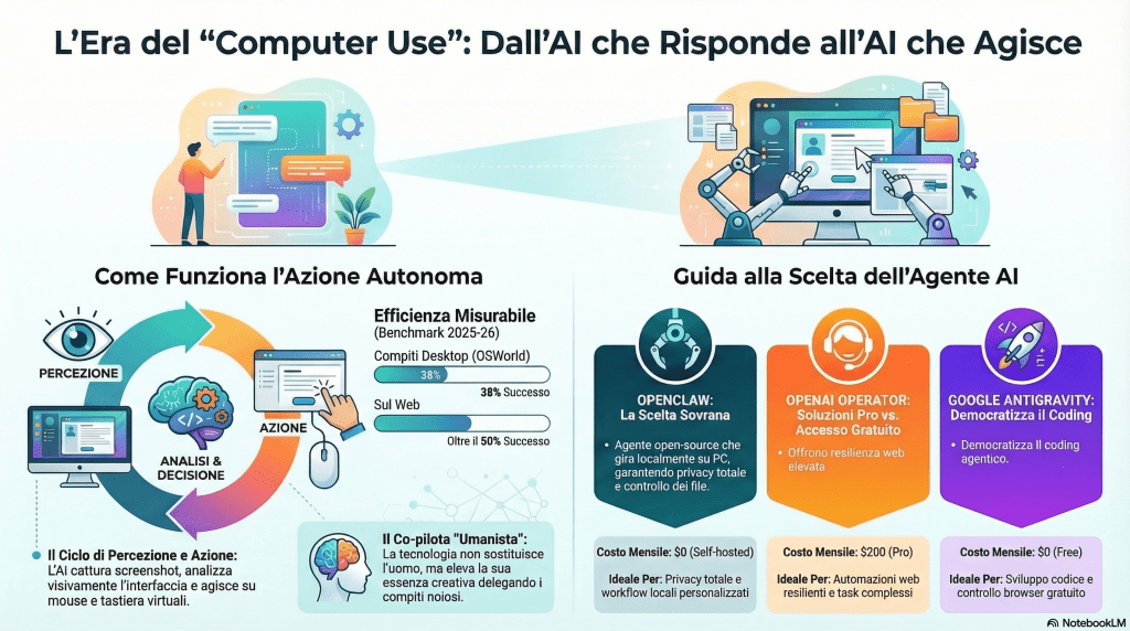 Benvenuti nell'Era del Computer Use, Dove le Macchine Agiscono come Noi 2 Nel 2026 l'AI non risponde più: agisce. Benvenuti nel Computer Use, dove agenti autonomi come Perplexity Computer, OpenAI Operator e OpenClaw open-source navigano browser, organizzano file, scrivono codice e persino chiamano per voi, mentre voi create.
Ho testato tutti, da Antigravity gratis a Claude Cowork 20$, fino Abacus Desktop 10$ che muove il vostro mouse. La tabella comparativa nell'articolo su umanesimodigitale.info (link descrizione) vi mostra chi vince per privacy, prezzo, coding o ricerca.
L'AI non sostituisce l'umano: libera il tedio, amplifica la creatività. Cliccate il link, immergetevi nell'era agentica!
Continua: 👇👇👇
https://umanesimodigitale.info/benvenuti-nellera-del-computer-use-dove-le-macchine-agiscono-come-noi