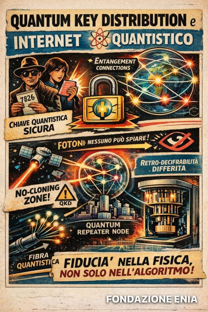 🌱 QKD spiegata come se la raccontassi a un bambino… ma con lo sguardo dell’Umanesimo Digitale
Immagina che due amici vogliano scambiarsi un segreto importantissimo.
Non usano WhatsApp, non usano codici strani: usano bigliettini di luce.
Ogni bigliettino ha un colore speciale.
Se qualcuno lo apre per curiosità, il colore cambia subito.
Quando l’amico lo riceve, guarda il colore:
se è uguale → tutto ok, nessuno ha sbirciato
se è diverso → qualcuno ha provato a spiare, quindi si butta via tutto e si ricomincia
Questa è la Quantum Key Distribution:
la sicurezza non dipende da password complicate, ma da una legge della natura che dice:
👉 “Se guardi qualcosa di quantistico, lo cambi.”
È come avere una cassaforte che si accorge da sola se qualcuno l’ha toccata.
🤝 E cosa c’entra l’Umanesimo Digitale?
L’Umanesimo Digitale ci ricorda che la tecnologia non è solo tecnica:
è relazione, fiducia, responsabilità.
La QKD non serve solo a proteggere dati:
serve a proteggere la fiducia tra le persone in un mondo dove tutto passa attraverso reti, cavi, algoritmi.
È un modo per dire:
“La sicurezza non è un muro, è un patto.
E questo patto lo garantisce la natura stessa.”
Quando poi si passa all’Internet Quantistico — dove non scambiamo solo chiavi, ma connessioni profonde tra nodi distanti — la tecnologia diventa quasi un’estensione delle nostre relazioni umane:
una rete che non copia, non spia, non tradisce.
🌍 In parole semplici:
La QKD è come spedire bigliettini che si accorgono da soli se qualcuno li apre.
L’Internet Quantistico è come avere un filo invisibile che collega due persone a distanza senza poter essere tagliato o duplicato.
L’Umanesimo Digitale ci ricorda che tutto questo non serve solo ai computer, ma a noi, per costruire fiducia, trasparenza e relazioni più sane nel mondo digitale.