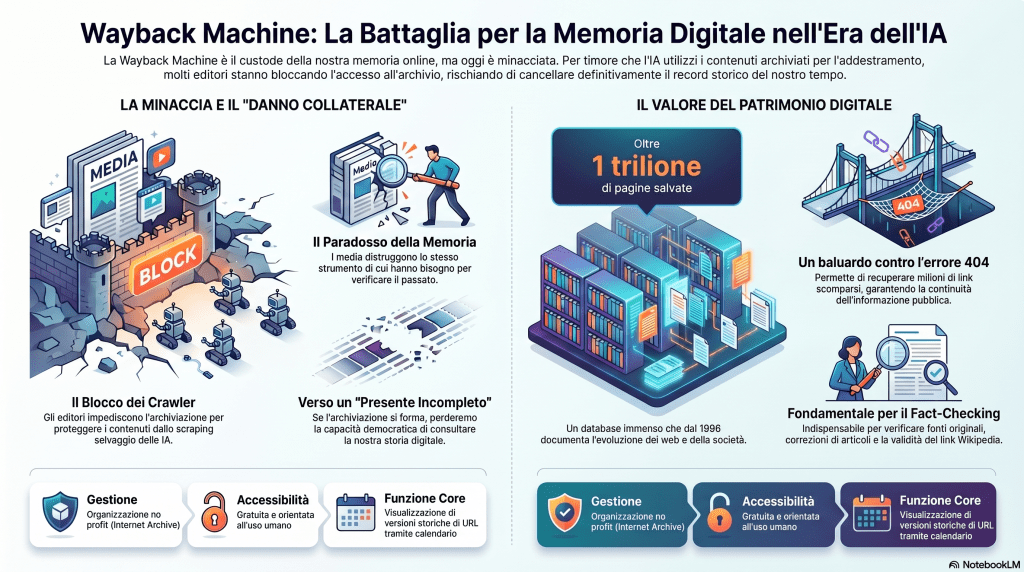 Quando il presente scompare 2 Wayback Machine, IA e il rischio di perdere la memoria del webViviamo nell’illusione che tutto resti online per sempre, ma la verità è più inquietante: il presente digitale è già fragile, e basta poco per trasformarlo in un vuoto irreversibile. La pressione di alcuni editori sulla Wayback Machine, spinta dal timore che l’IA possa riutilizzare contenuti archiviati, sta mettendo in crisi uno degli strumenti più importanti per la memoria collettiva.
Per me questa non è solo una disputa tecnica o legale: è una battaglia culturale sulla sopravvivenza del nostro tempo. Se impediamo agli archivi di conservare il web, non stiamo soltanto proteggendo i contenuti, ma rischiamo anche di cancellare la possibilità stessa di ricostruire ciò che siamo stati.
Il paradosso della memoria digitale
La Wayback Machine è un servizio di archiviazione del web gestito dall'organizzazione no profit Internet Archive.
In breve:
Cos'è: un enorme database che contiene copie salvate di milioni di siti web, pagine, immagini e documenti digitali.
Quando è nato: l'Internet Archive ha iniziato a raccogliere pagine web dal 1996, e la Wayback Machine è stata resa pubblica nel 2001.
Cosa contiene: oltre 1 trilione di pagine web archiviate nel tempo, permettendo di vedere come un sito era in una data specifica.
Come funziona: si inserisce l'URL di un sito e si visualizzano le versioni salvate in passato, con un calendario che mostra le capture disponibili.
Perché è utile: serve a recuperare pagine non più disponibili, verificare fonti, fare fact-checking, studiare l'evoluzione dei siti e preservare la memoria digitale pubblica.
Eppure, proprio mentre il suo ruolo si rivela più necessario, alcuni grandi editori stanno bloccando i crawler dell’Internet Archive per paura che i loro contenuti finiscano nel circuito di addestramento dei modelli di IA.
Il paradosso è evidente: i media che hanno bisogno dell’archivio per verificare, riscrivere e ricostruire il proprio lavoro finiscono per ostacolare l’archivio stesso. È come chiudere la biblioteca per impedire a qualcuno di fotocopiare un libro: una soluzione che punisce tutti per timore di un abuso non dimostrato.
Internet Archive: Digital Library of Free & Borrowable Texts, Movies, Music & Wayback Machine
Il danno collaterale
Il direttore della Wayback Machine, Mark Graham, ha definito questi effetti “collateral damage” nella guerra tra aziende IA ed editori. E la definizione è precisa, perché il bersaglio dichiarato non è l’archivio, ma il riuso dei contenuti da parte delle IA; tuttavia, la conseguenza concreta è che un pezzo del patrimonio digitale pubblico rischia di non essere più preservato.
Il problema è che molti contenuti non sopravvivono sul web attivo: pagine che spariscono, siti chiusi, articoli rimossi, URL che diventano 404. Secondo il materiale diffuso dall’Internet Archive, decine di migliaia di siti e milioni di link sono già stati recuperati proprio grazie alla Wayback Machine, evitando una perdita irreversibile del record pubblico. Se questi flussi si interrompono, il futuro erediterà un presente incompleto.
La paura dell’IA
Capisco il timore degli editori: l’IA generativa ha accelerato la domanda di dati, e il confine tra uso legittimo, scraping aggressivo e sfruttamento commerciale è diventato più sfumato. Alcuni publisher vedono nell’archivio una possibile “porta di servizio” per chi voglia aggirare i paywall o i blocchi imposti ai crawler.
Ma qui sta il punto critico: confondere l’archivio con l’abuso significa adottare una logica difensiva che finisce per distruggere ciò che dovrebbe proteggere. L’Internet Archive ha dichiarato di aver già introdotto misure per limitare gli usi massivi, ridurre l’accesso automatizzato e rendere il sistema più orientato all’uso umano. Penalizzare anche questi sforzi significa trasformare una questione di governance in una politica dell’ostruzione.
Cosa perdiamo davvero
Perdiamo la capacità di verificare il passato. Perdiamo la memoria delle notizie, delle correzioni, delle versioni precedenti, delle fonti originali. Perdiamo la base documentale su cui si costruiscono la ricerca, il fact-checking, la storia digitale e perfino molte voci di Wikipedia che dipendono da link ormai scomparsi.
E perdiamo qualcosa di ancora più profondo: il diritto a un passato consultabile. In un’epoca in cui il presente viene riscritto di continuo, gli archivi sono una forma di resistenza civile. Se li indeboliamo, lasciamo campo libero alla volatilità, alla cancellazione e alla riscrittura opportunistica della realtà.
L'Umanesimo Digitale
Io credo che l’errore più grave sia ridurre questa questione a un semplice conflitto tra copyright e IA. In gioco c’è anche il principio democratico della memoria accessibile. Un archivio del web non è un lusso accademico: è una garanzia di trasparenza, una tutela contro l’oblio e uno strumento di cittadinanza digitale.
Da umanista digitale, vedo una responsabilità chiara: costruire regole che proteggano i diritti degli autori senza distruggere i beni comuni della conoscenza. Servono accordi, filtri, limiti e tecnologie più raffinate. Ma serve soprattutto una consapevolezza culturale: la memoria del web non può essere trattata come un danno collaterale.